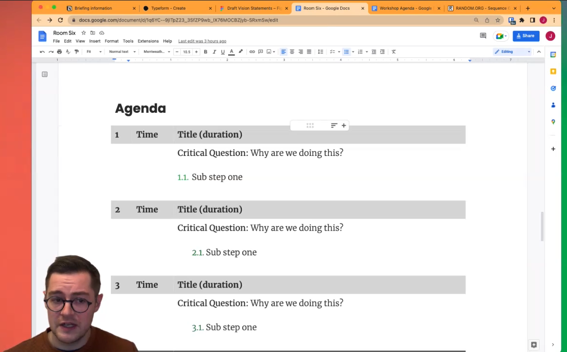 Screenshot of a structured workshop agenda in a Google Doc.